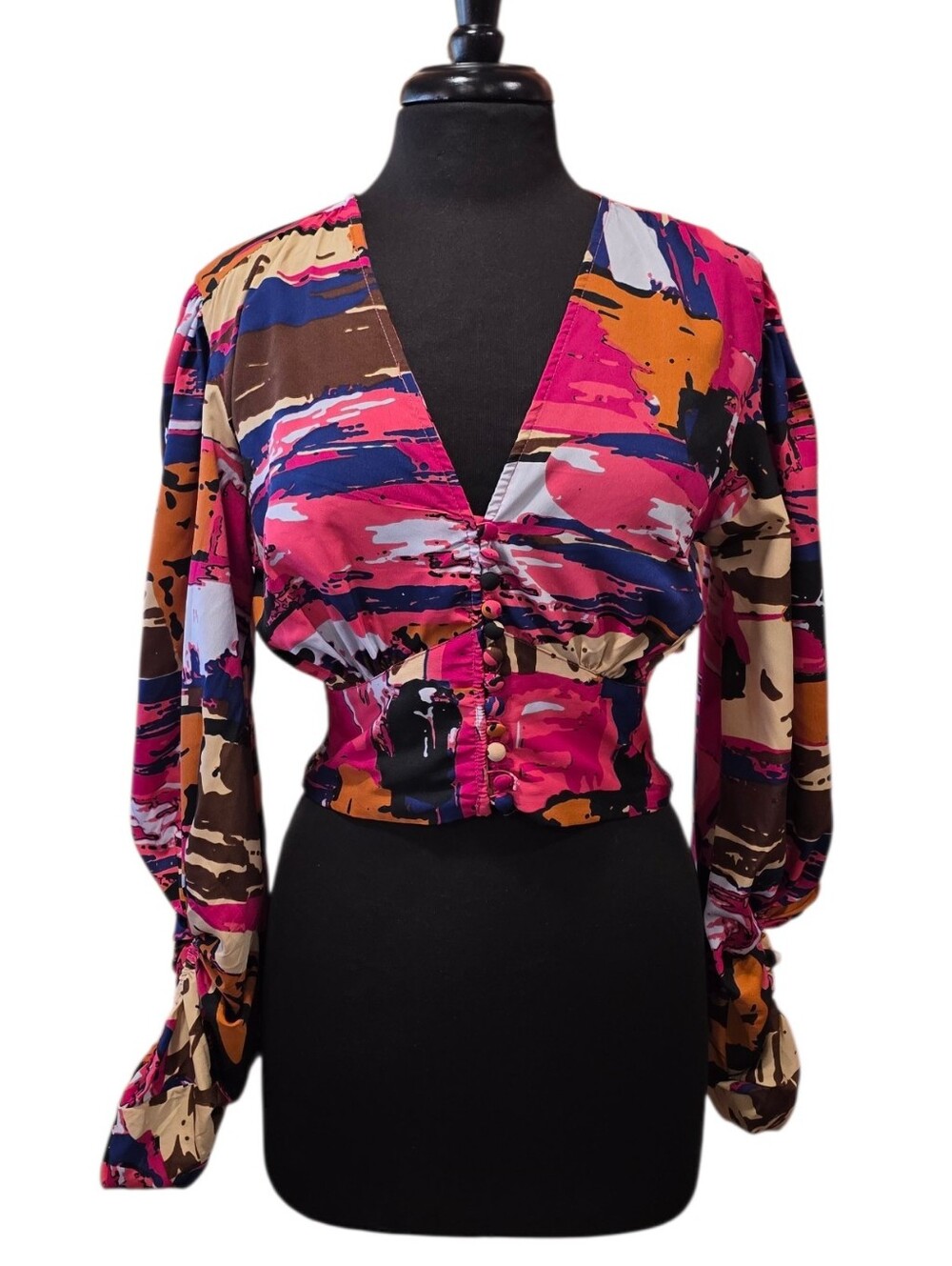 Wishing Waves Abstract Print V-Neck Barbie Boho Babe Crop Blouse - Pink Multi